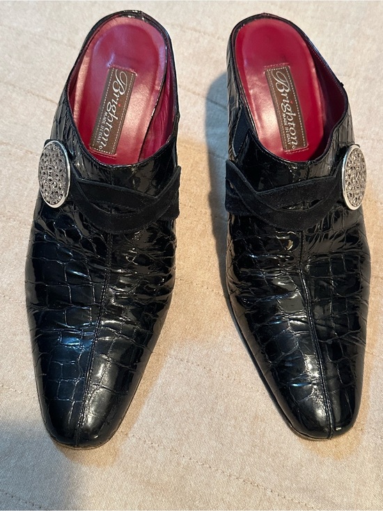 Brighton Shoes - Brighton Black Croc-Embossed Slip-On Loafers with Silver Medallion
